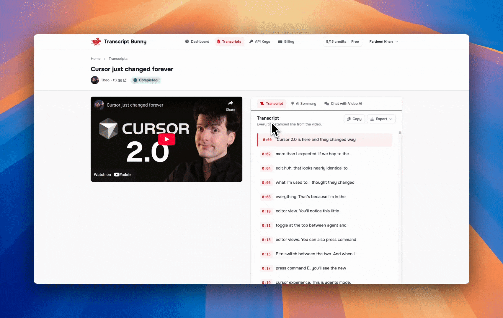 Transcript Bunny export options demo